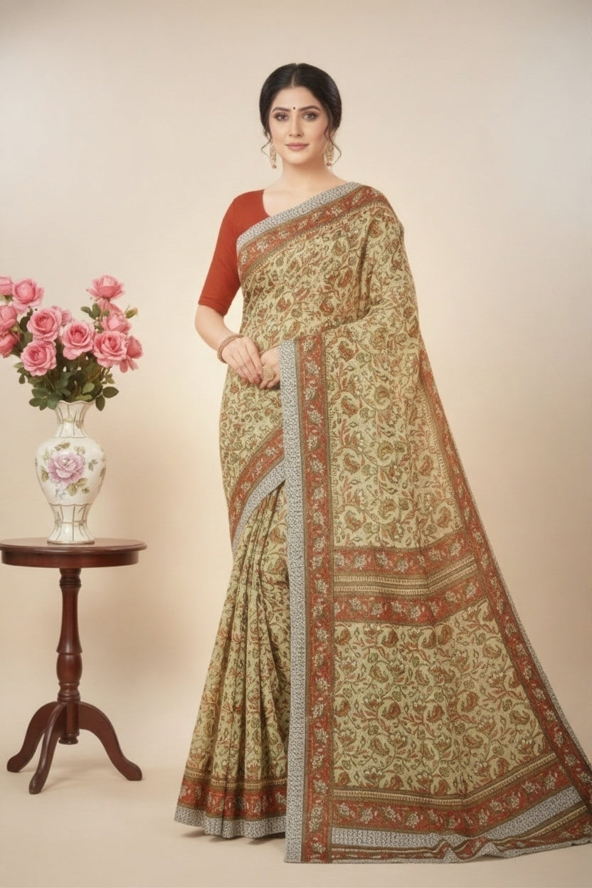 Minu Kalamkari Premium Cotton Printed Saree B5