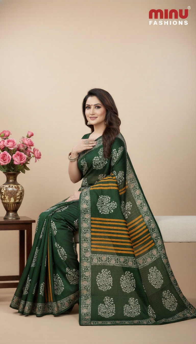 Kacha Badam Batik Cotton Printed Saree Green 3809