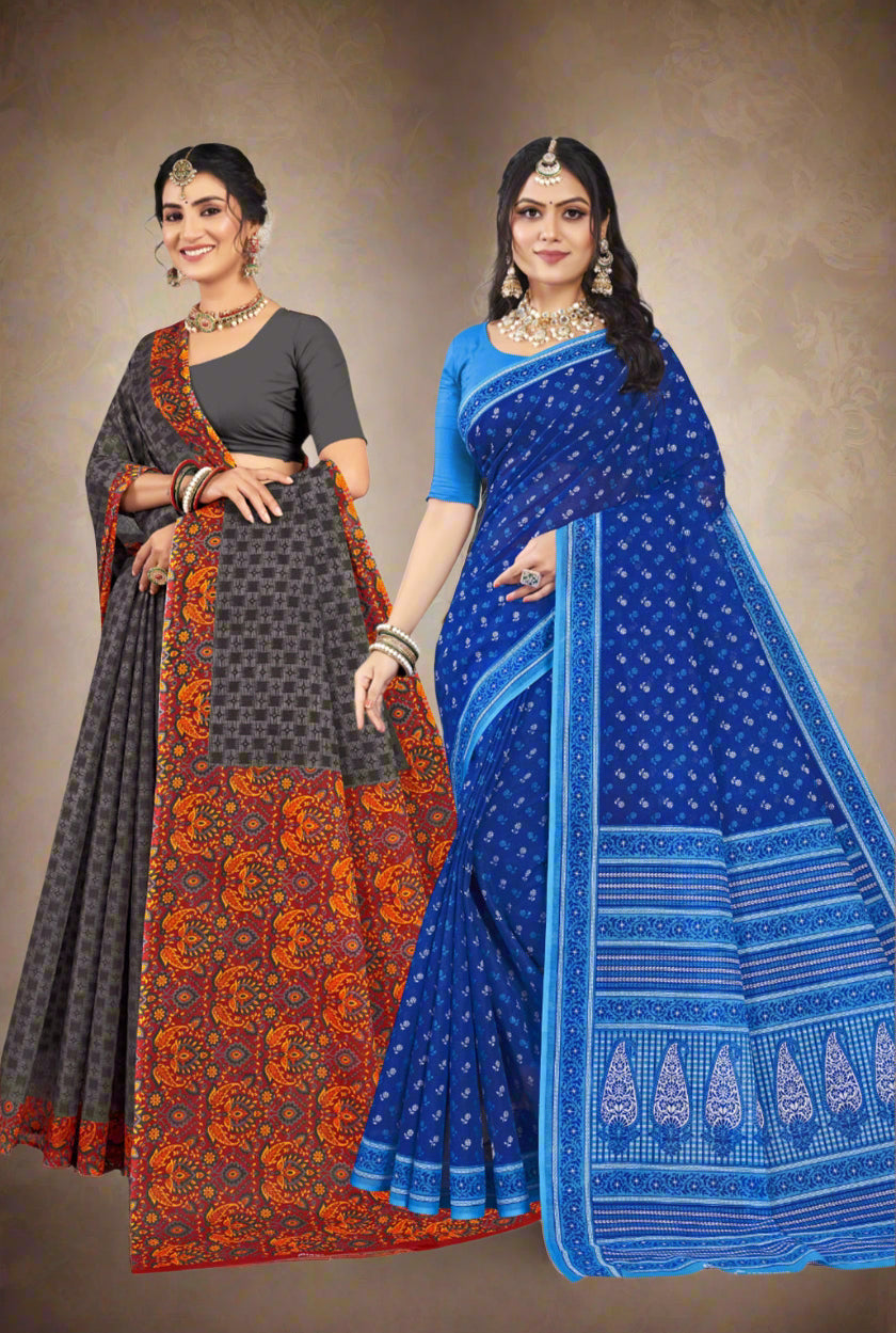 Combo Of Cotton Printed Sarees - Pack of 2