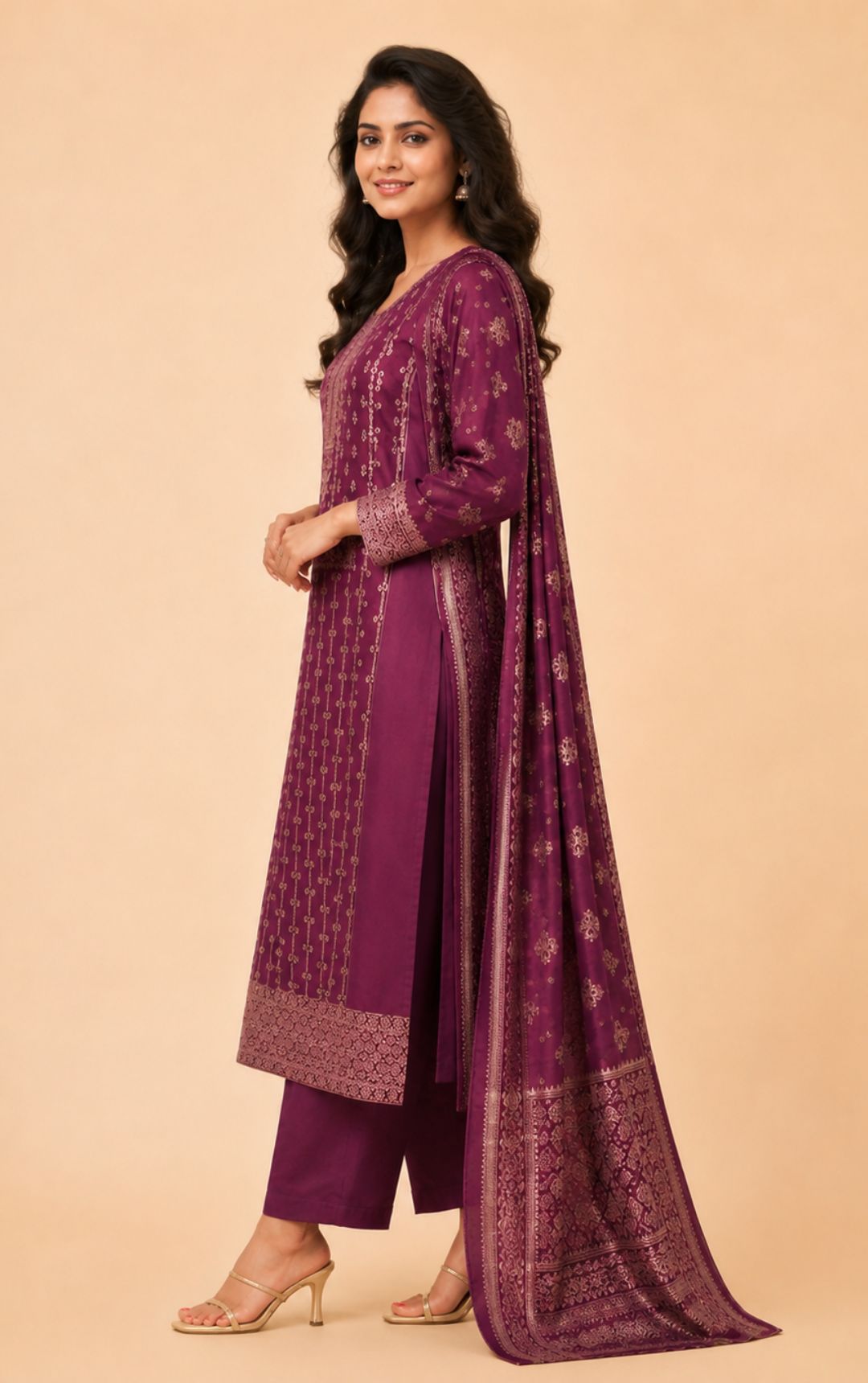 Purple Printed Pure Cotton Kurta, Pant & Dupatta Set