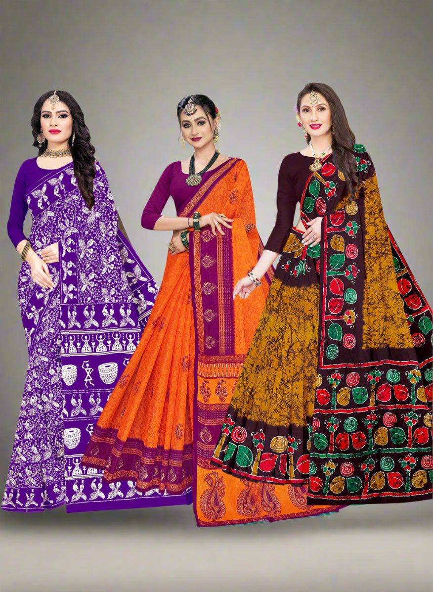 Combo Of Cotton Printed Sarees - Pack of 3