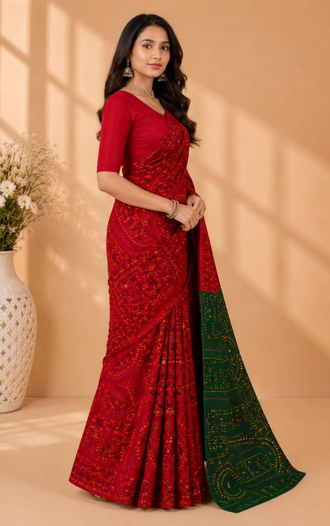 Boutique Special Red And Green Bandhani Print Saree