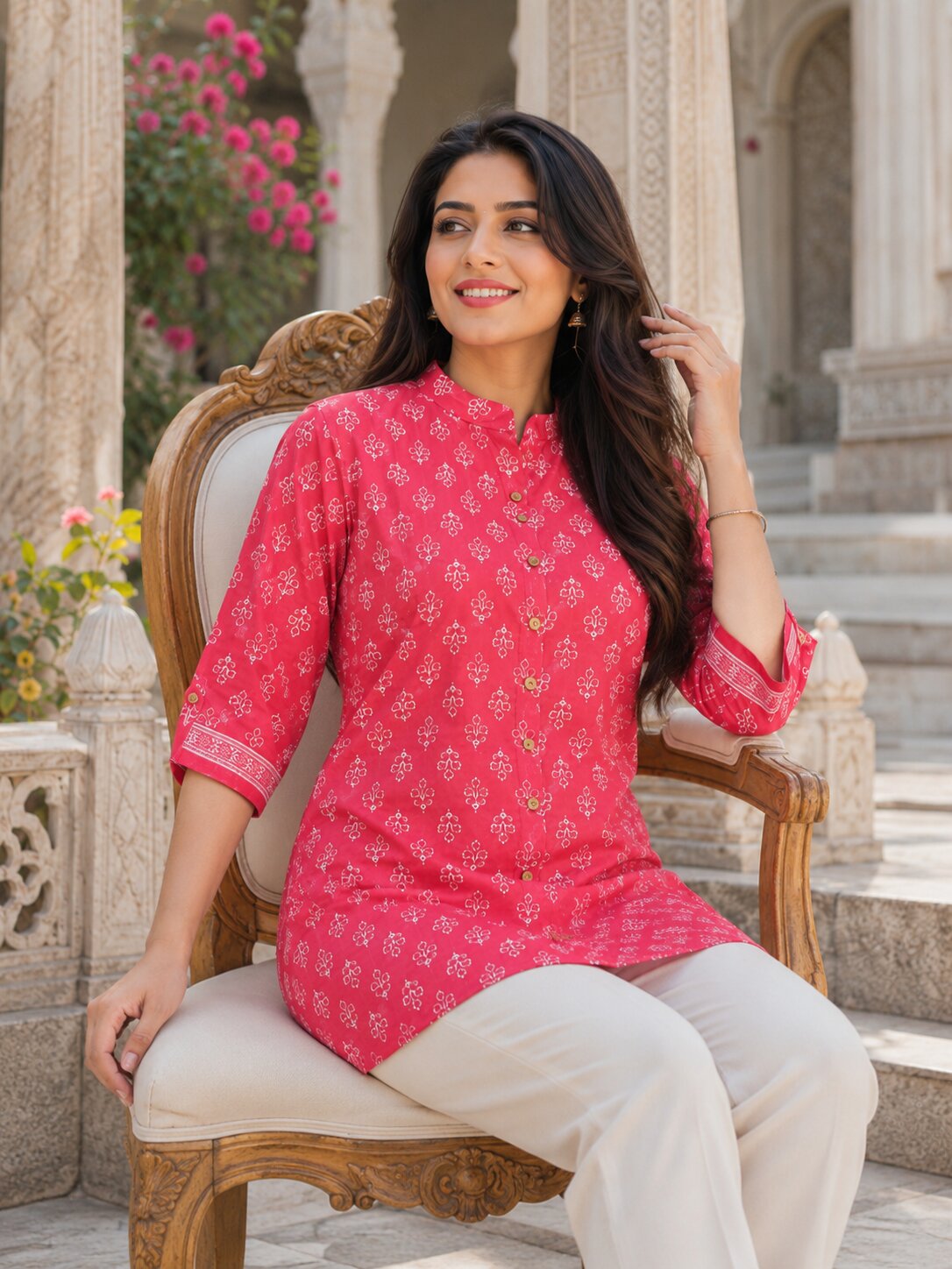 Minu Fashions Ayesha Ajrakh Floral Print Pure Cotton Straight Tunic Short Top for Women