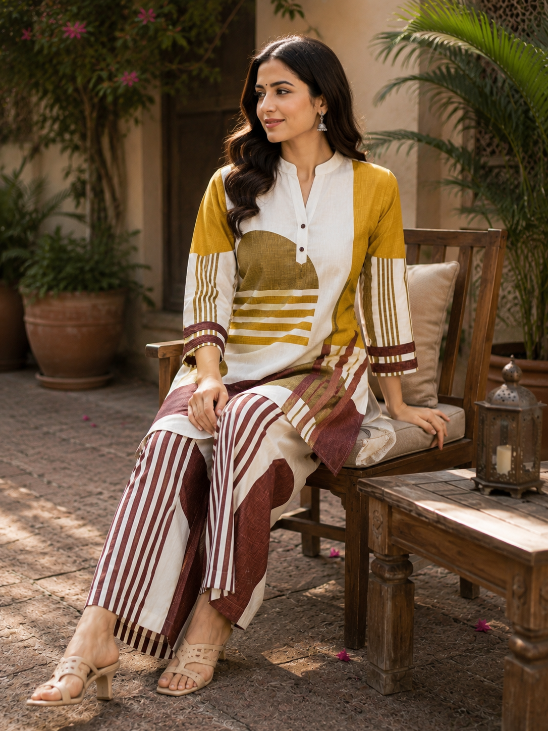 Juni Cotton Slub Digital Print Co-Ord Set for Women | Mandarin Collar Straight Fit Top with Elastic Waist Trouser