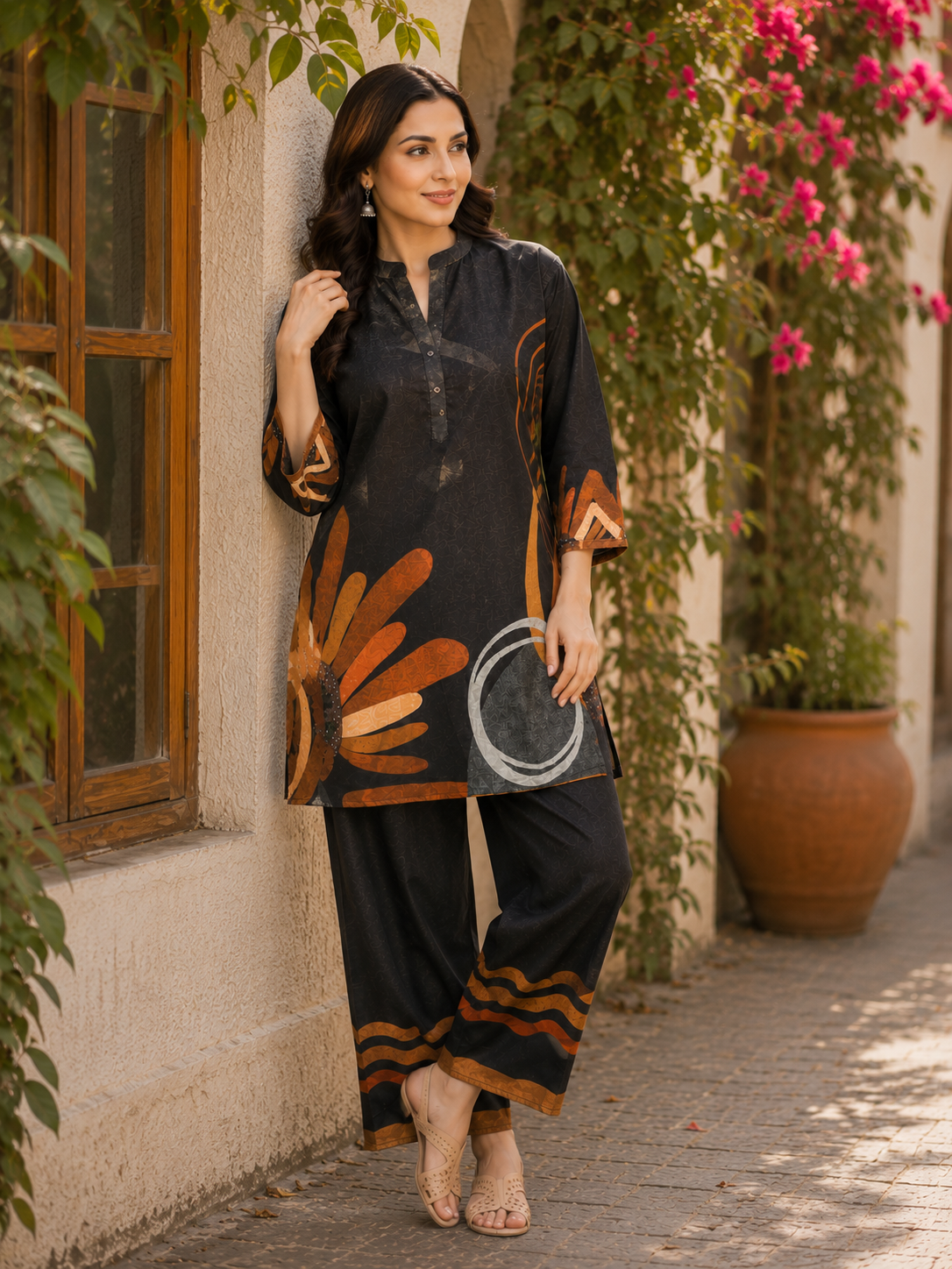 Juni Cotton Slub Digital Print Co-Ord Set for Women | Mandarin Collar Straight Fit Top with Elastic Waist Trouser