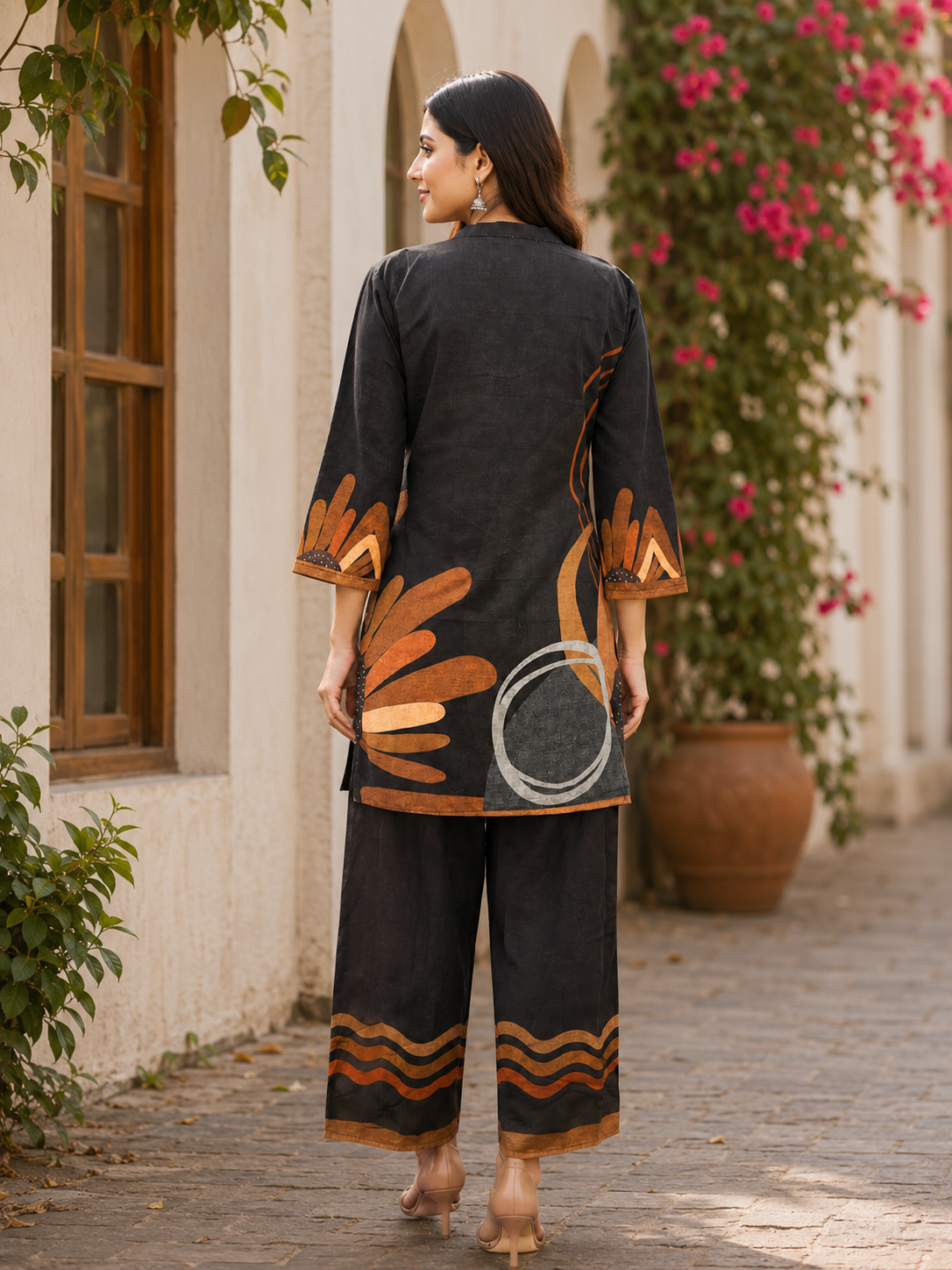 Juni Cotton Slub Digital Print Co-Ord Set for Women | Mandarin Collar Straight Fit Top with Elastic Waist Trouser