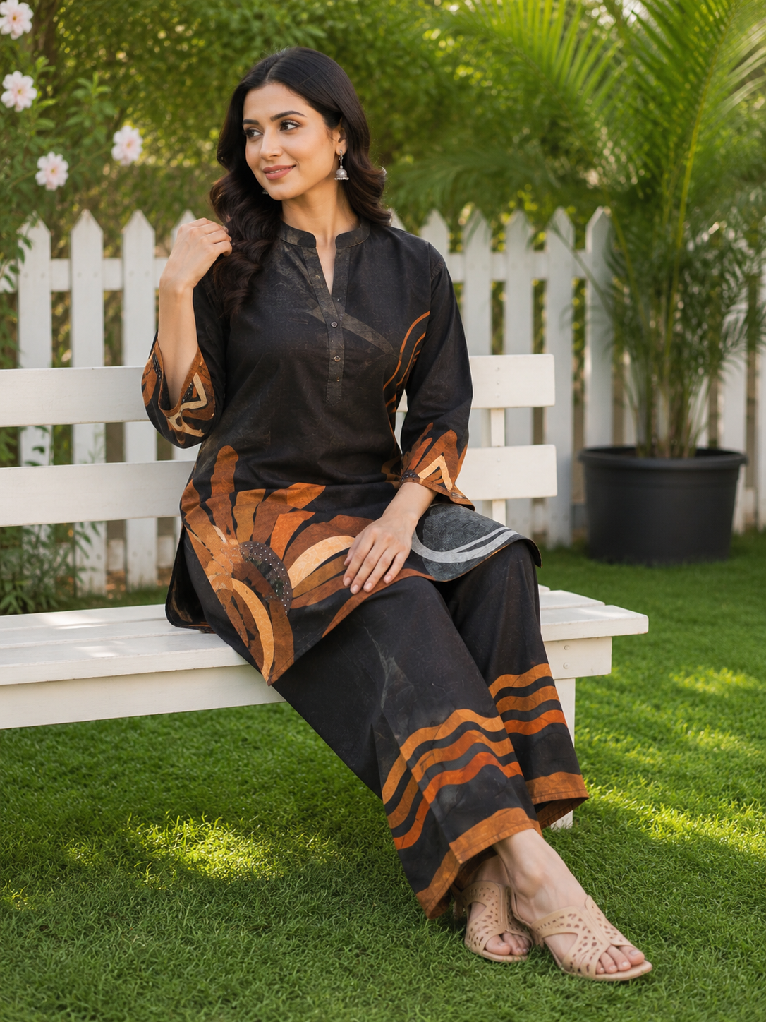 Juni Cotton Slub Digital Print Co-Ord Set for Women | Mandarin Collar Straight Fit Top with Elastic Waist Trouser