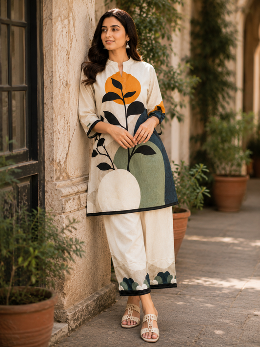 Juni Cotton Slub Digital Print Co-Ord Set for Women | Mandarin Collar Straight Fit Top with Elastic Waist Trouser | Ank