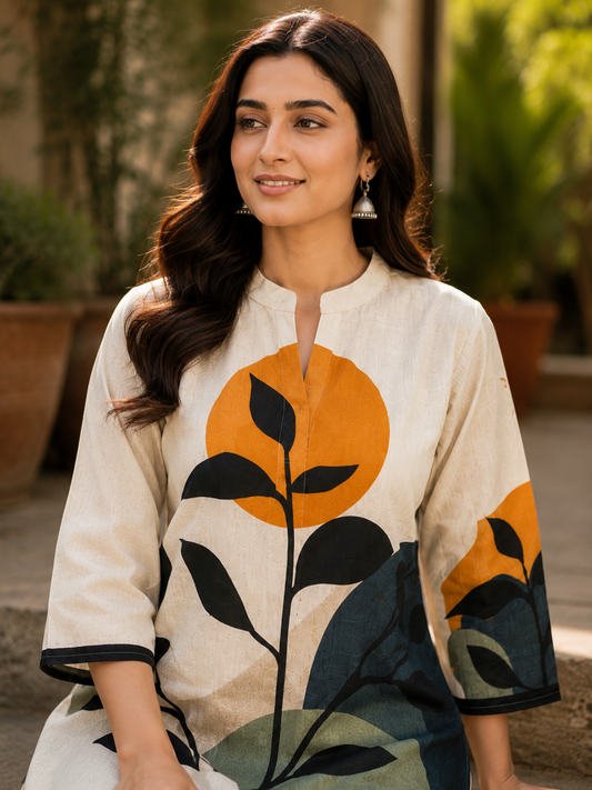 Juni Cotton Slub Digital Print Co-Ord Set for Women | Mandarin Collar Straight Fit Top with Elastic Waist Trouser | Ank