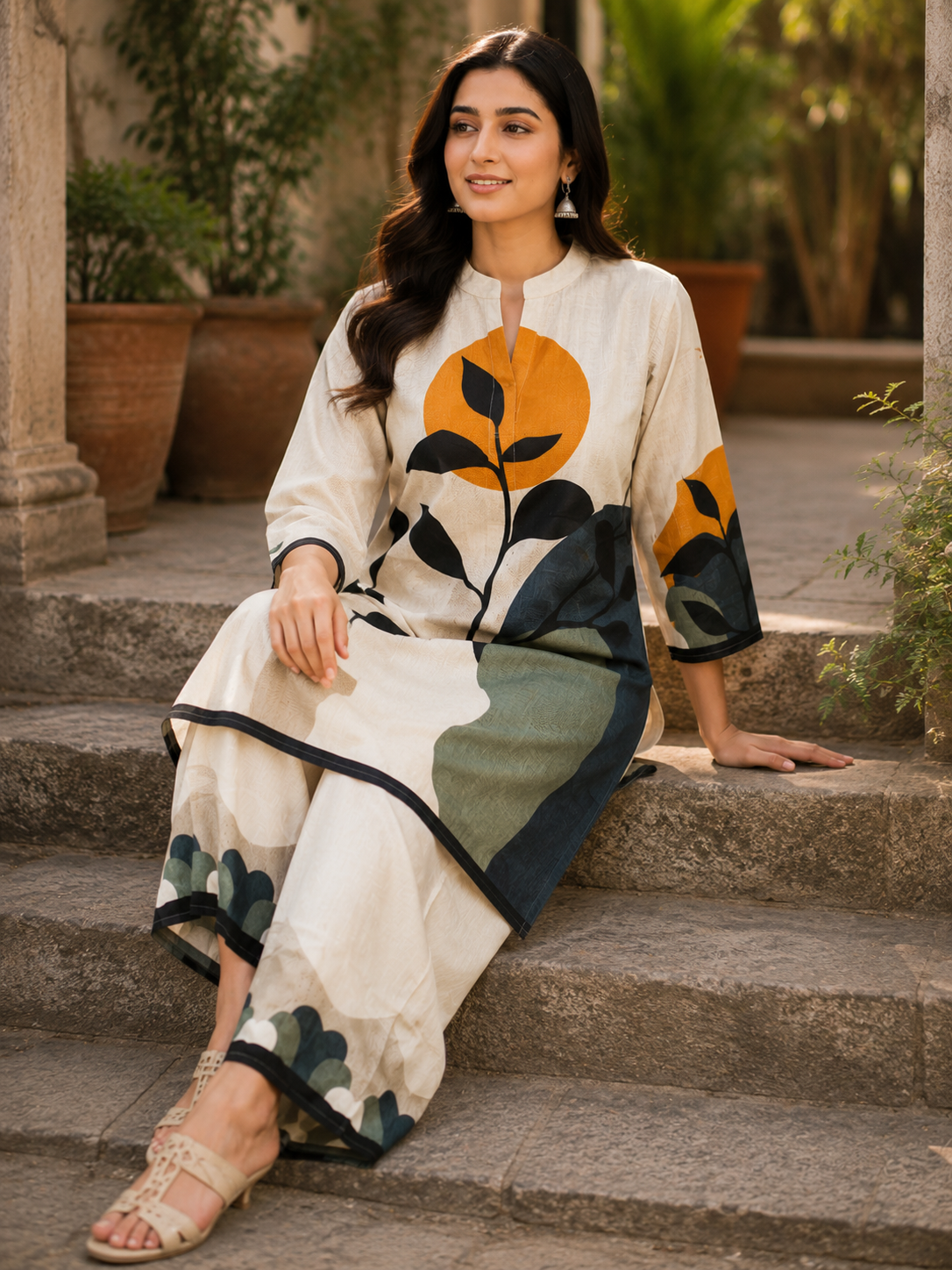 Juni Cotton Slub Digital Print Co-Ord Set for Women | Mandarin Collar Straight Fit Top with Elastic Waist Trouser