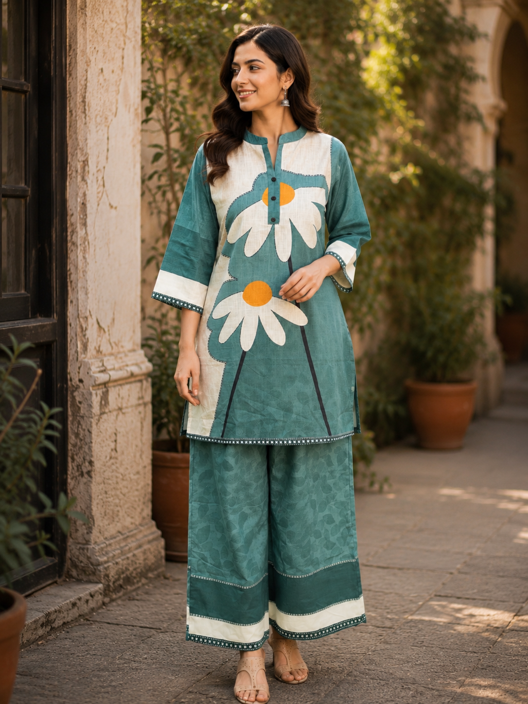 Juni Cotton Slub Digital Print Co-Ord Set for Women | Mandarin Collar Straight Fit Top with Elastic Waist Trouser