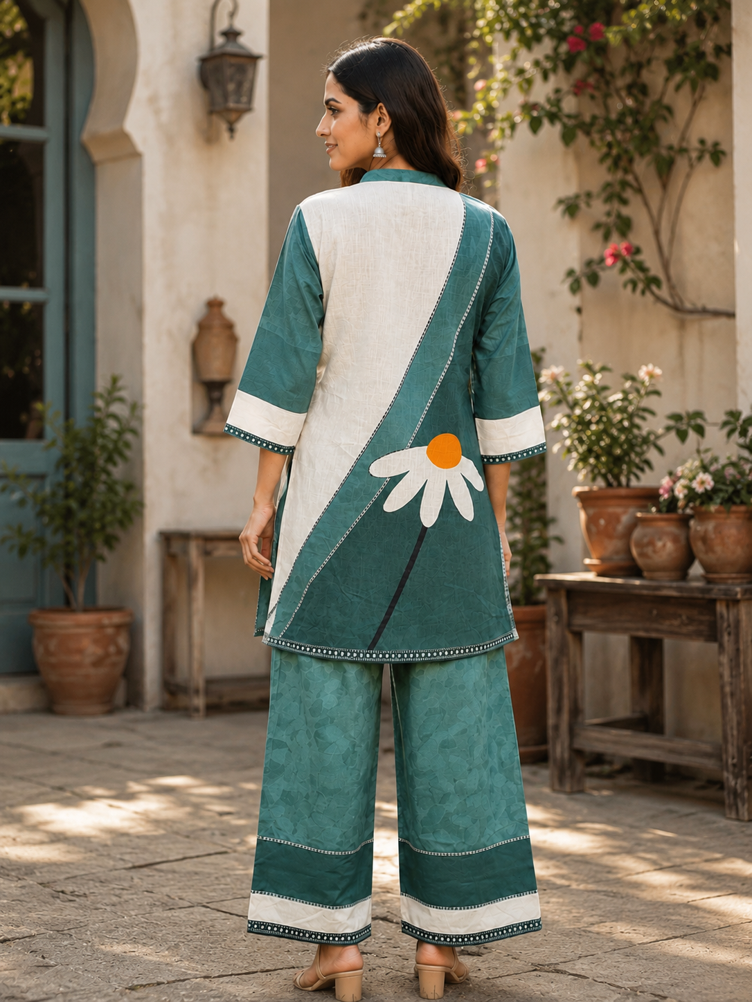 Juni Cotton Slub Digital Print Co-Ord Set for Women | Mandarin Collar Straight Fit Top with Elastic Waist Trouser