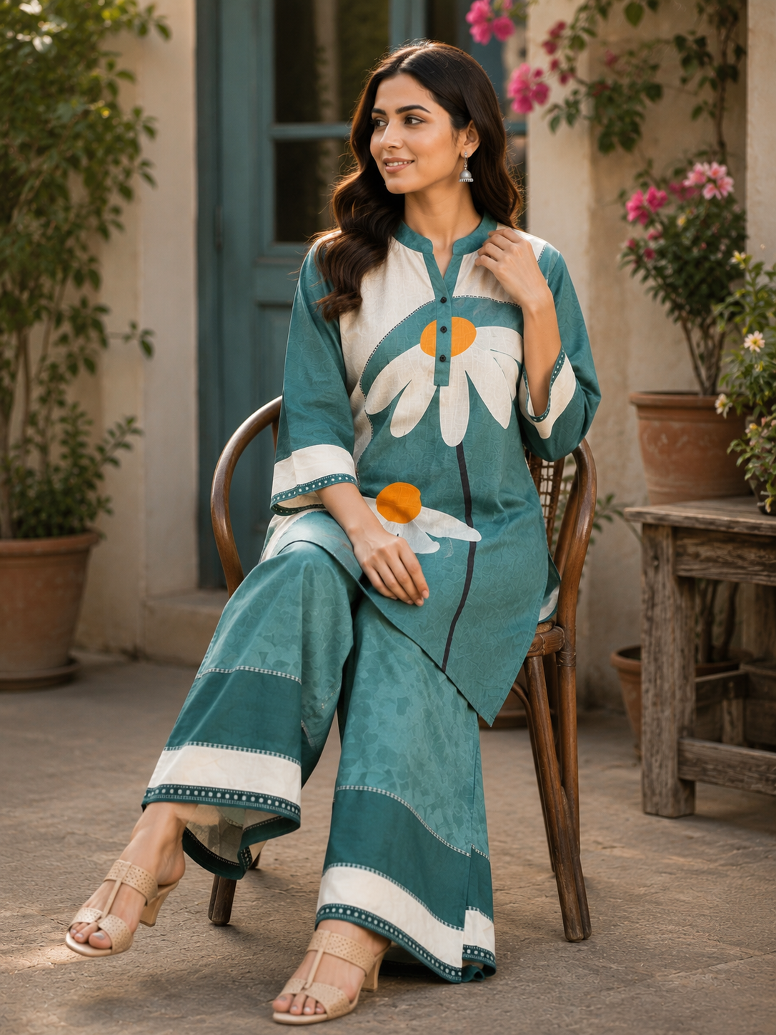 Juni Cotton Slub Digital Print Co-Ord Set for Women | Mandarin Collar Straight Fit Top with Elastic Waist Trouser