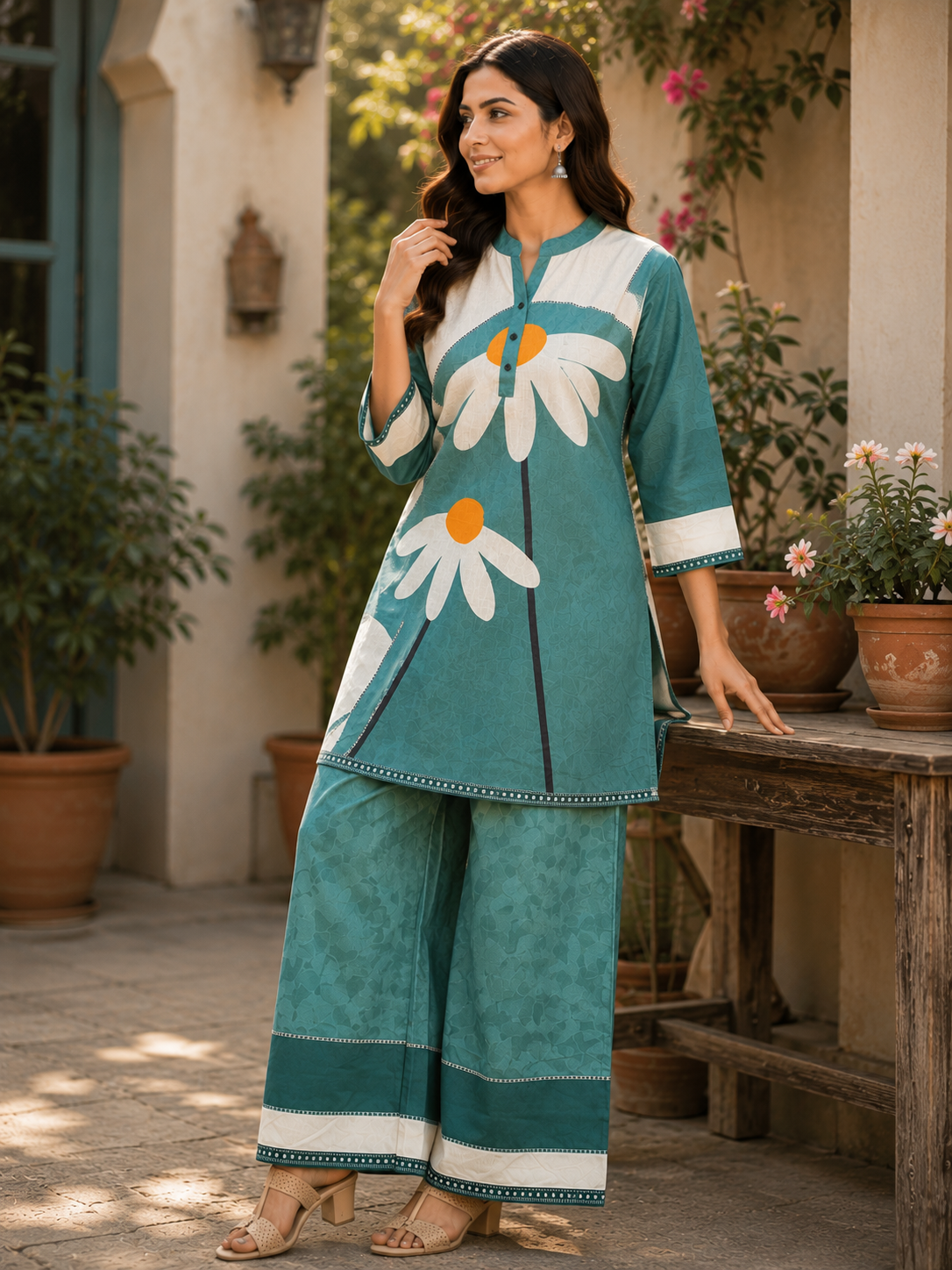 Juni Cotton Slub Digital Print Co-Ord Set for Women | Mandarin Collar Straight Fit Top with Elastic Waist Trouser