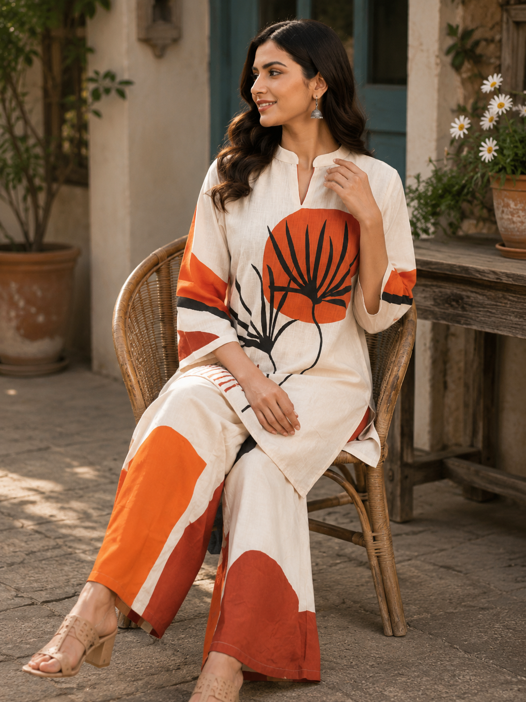 Juni Cotton Slub Digital Print Co-Ord Set for Women | Mandarin Collar Straight Fit Top with Elastic Waist Trouser