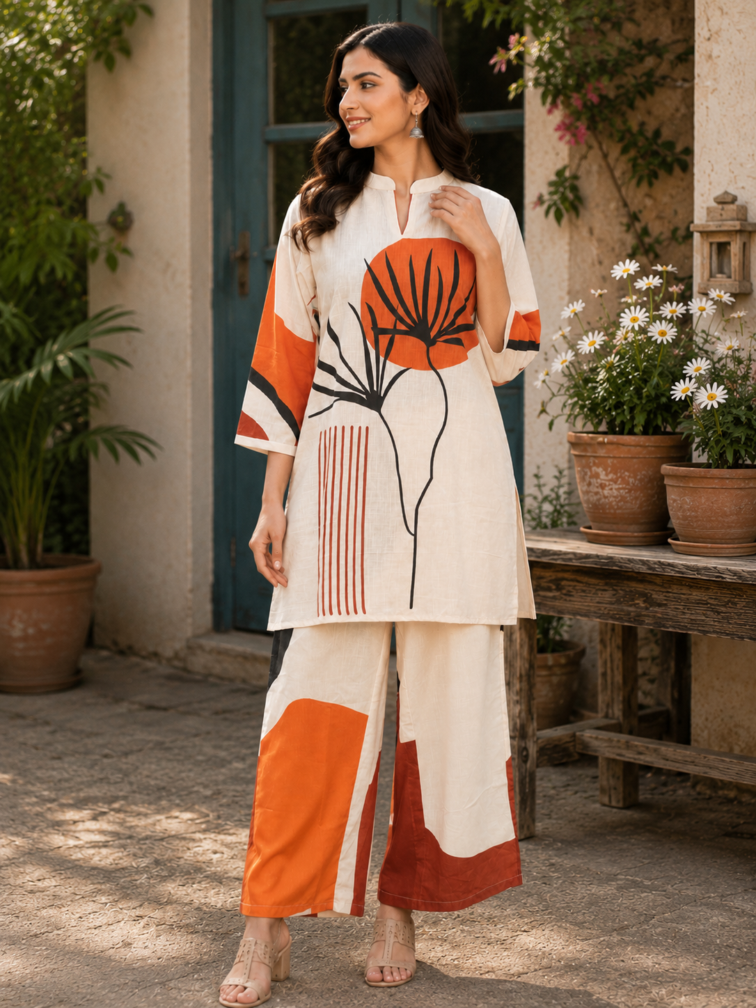 Juni Cotton Slub Digital Print Co-Ord Set for Women | Mandarin Collar Straight Fit Top with Elastic Waist Trouser