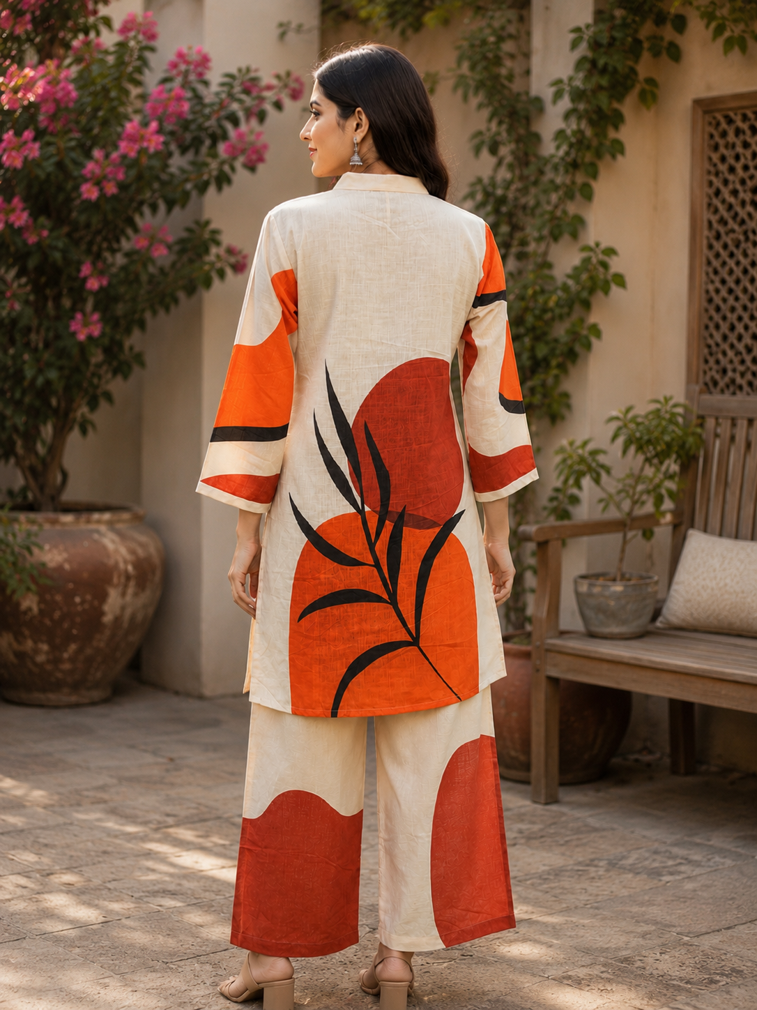 Juni Cotton Slub Digital Print Co-Ord Set for Women | Mandarin Collar Straight Fit Top with Elastic Waist Trouser
