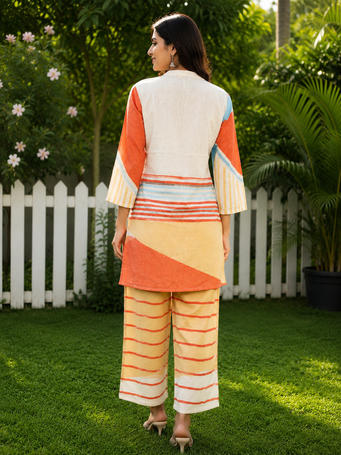 Juni Cotton Slub Digital Print Co-Ord Set for Women | Mandarin Collar Straight Fit Top with Elastic Waist Trouser
