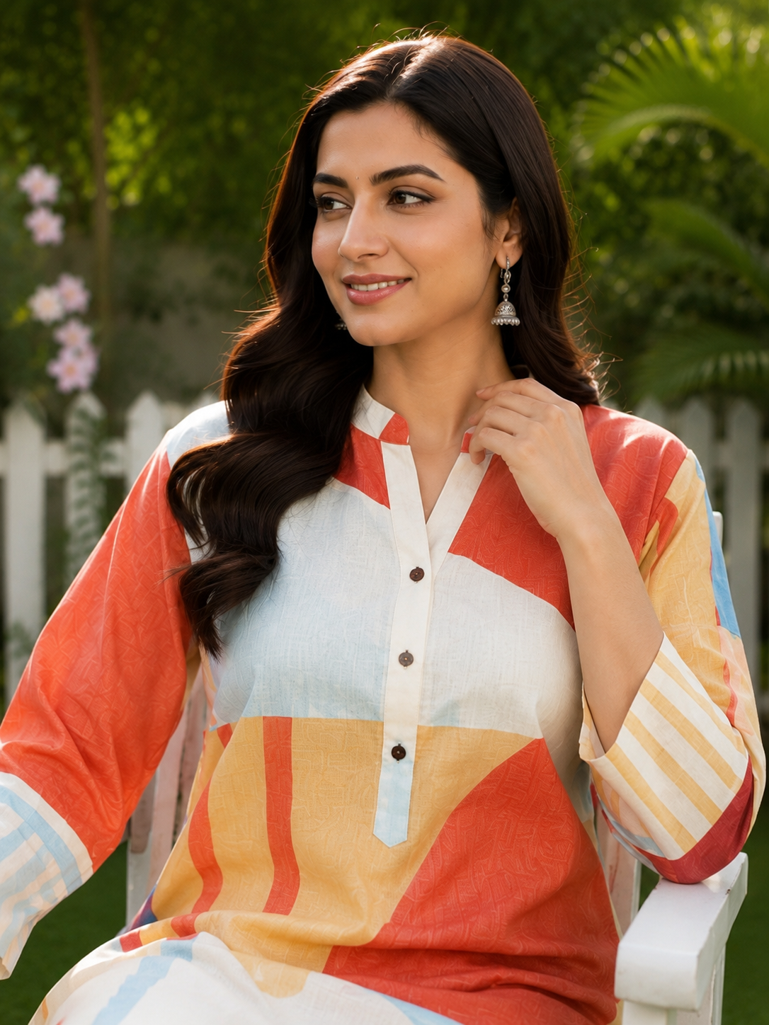 Juni Cotton Slub Digital Print Co-Ord Set for Women | Mandarin Collar Straight Fit Top with Elastic Waist Trouser