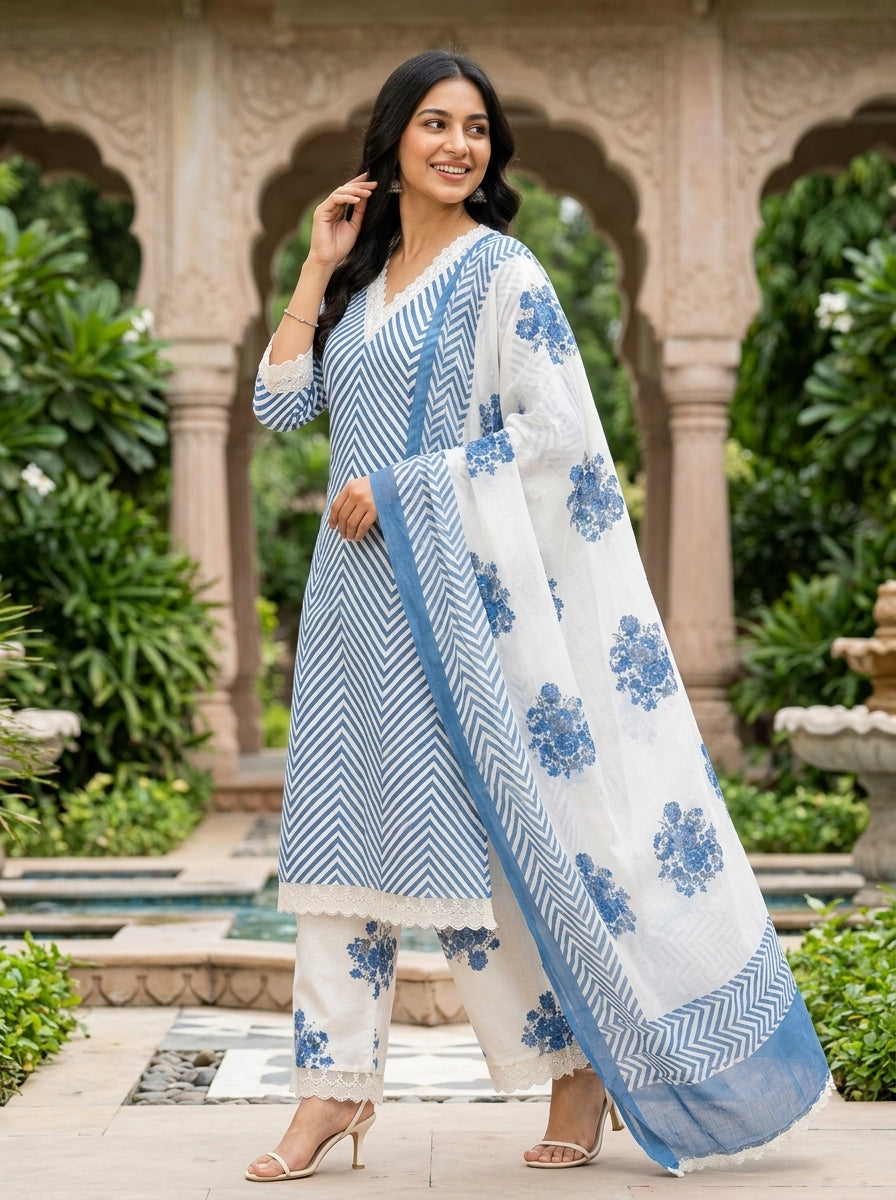 Flora Pink Herringbone Pattern Printed Pure Cotton Salwar Suit Set | Ank