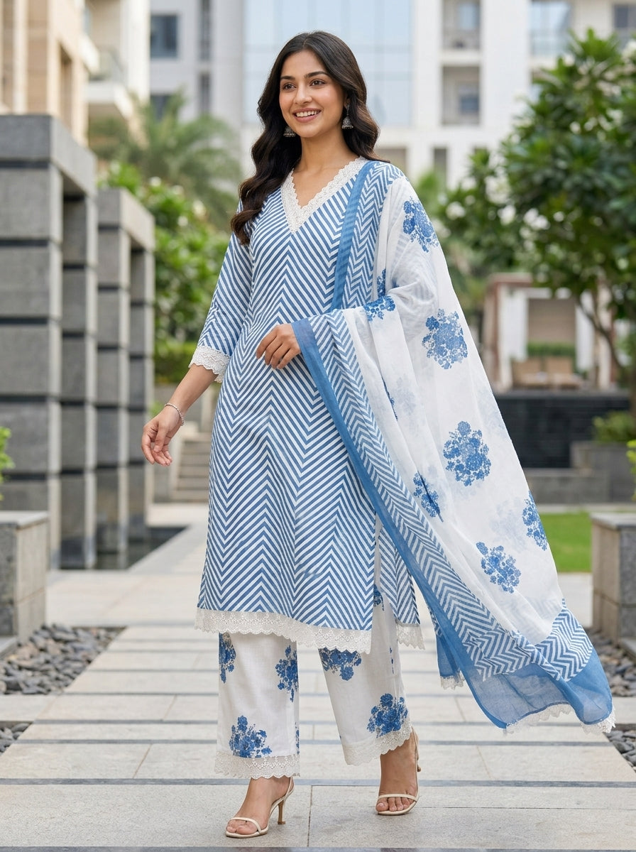 Flora Pink Herringbone Pattern Printed Pure Cotton Salwar Suit Set | Ank