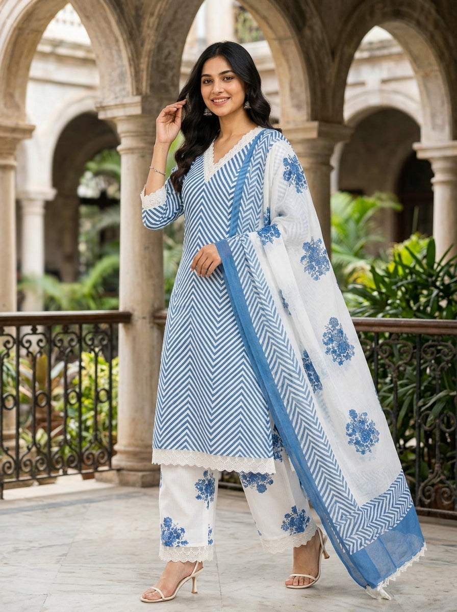 Flora Pink Herringbone Pattern Printed Pure Cotton Salwar Suit Set | Ank