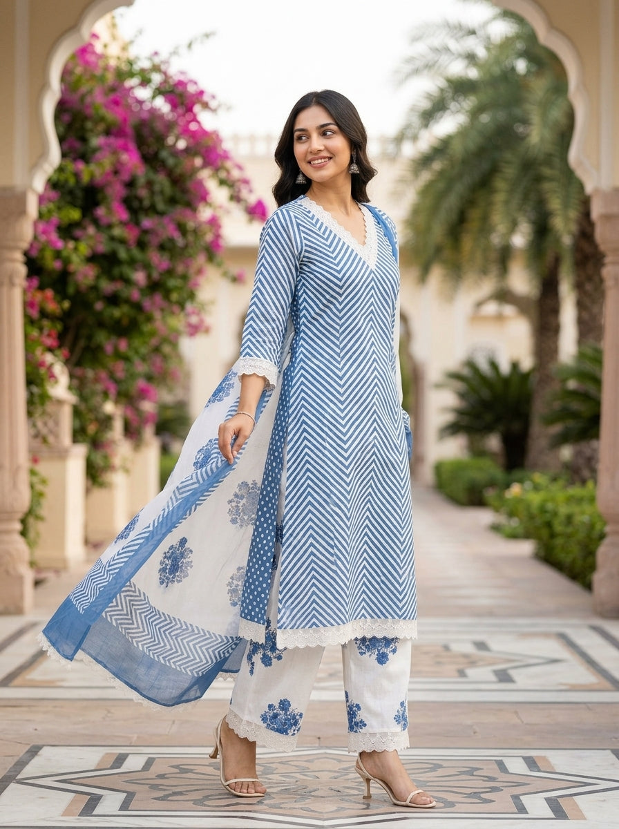 Flora Pink Herringbone Pattern Printed Pure Cotton Salwar Suit Set | Ank