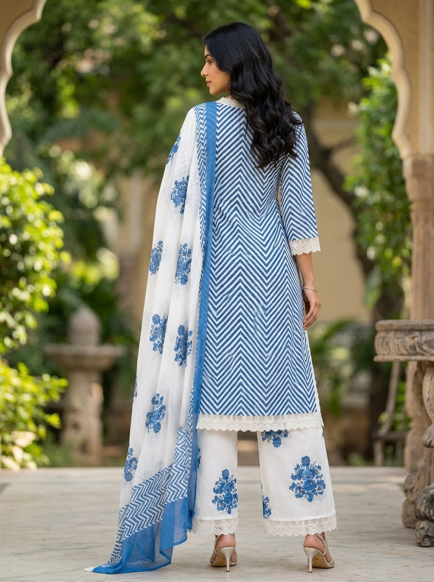 Flora Pink Herringbone Pattern Printed Pure Cotton Salwar Suit Set | Ank