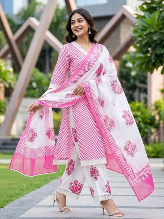 Flora Pink Herringbone Pattern Printed Pure Cotton Salwar Suit Set | Ank