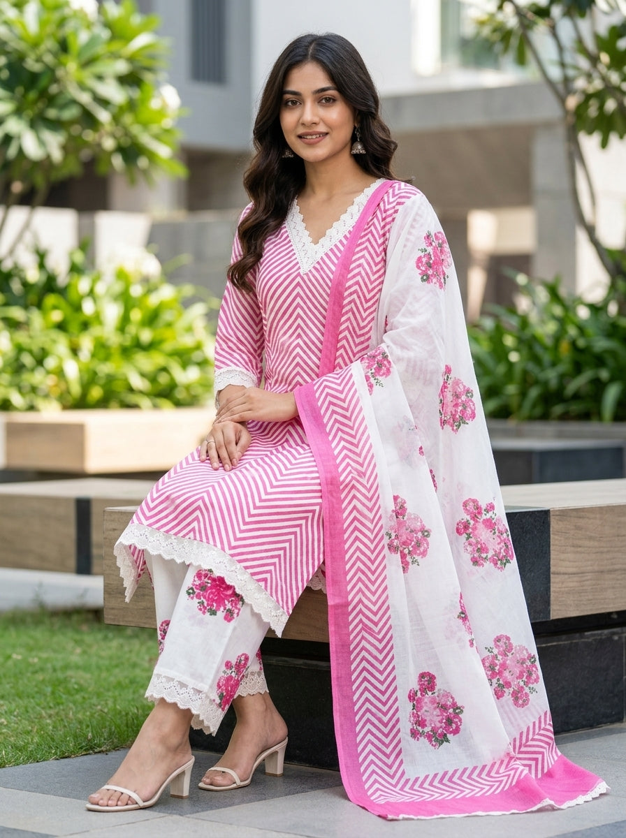 Flora Pink Herringbone Pattern Printed Pure Cotton Salwar Suit Set | Ank