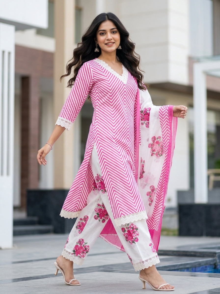 Flora Pink Herringbone Pattern Printed Pure Cotton Salwar Suit Set | Ank