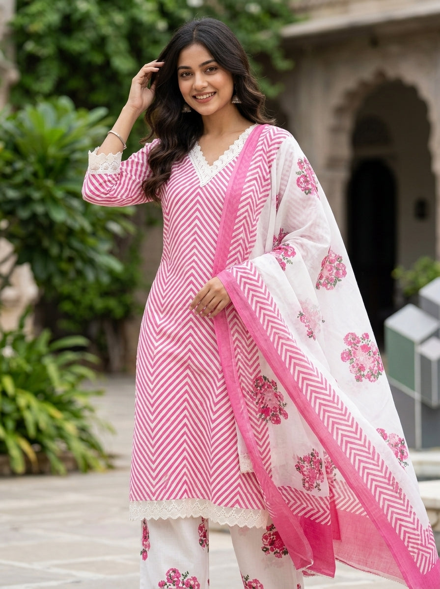 Flora Pink Herringbone Pattern Printed Pure Cotton Salwar Suit Set | Ank