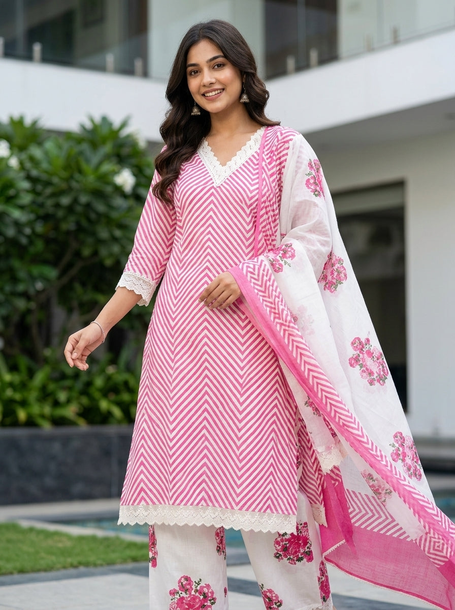 Flora Pink Herringbone Pattern Printed Pure Cotton Salwar Suit Set | Ank