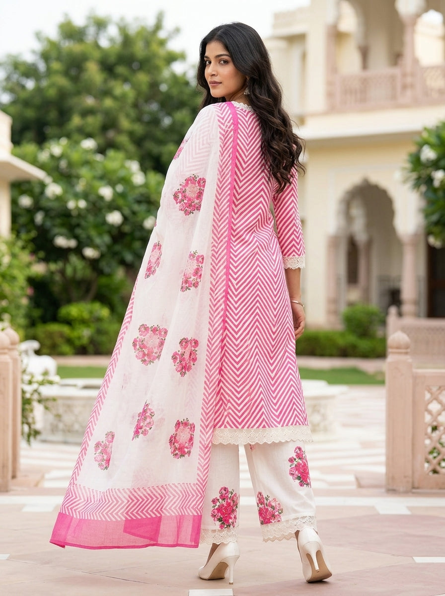Flora Pink Herringbone Pattern Printed Pure Cotton Salwar Suit Set | Ank