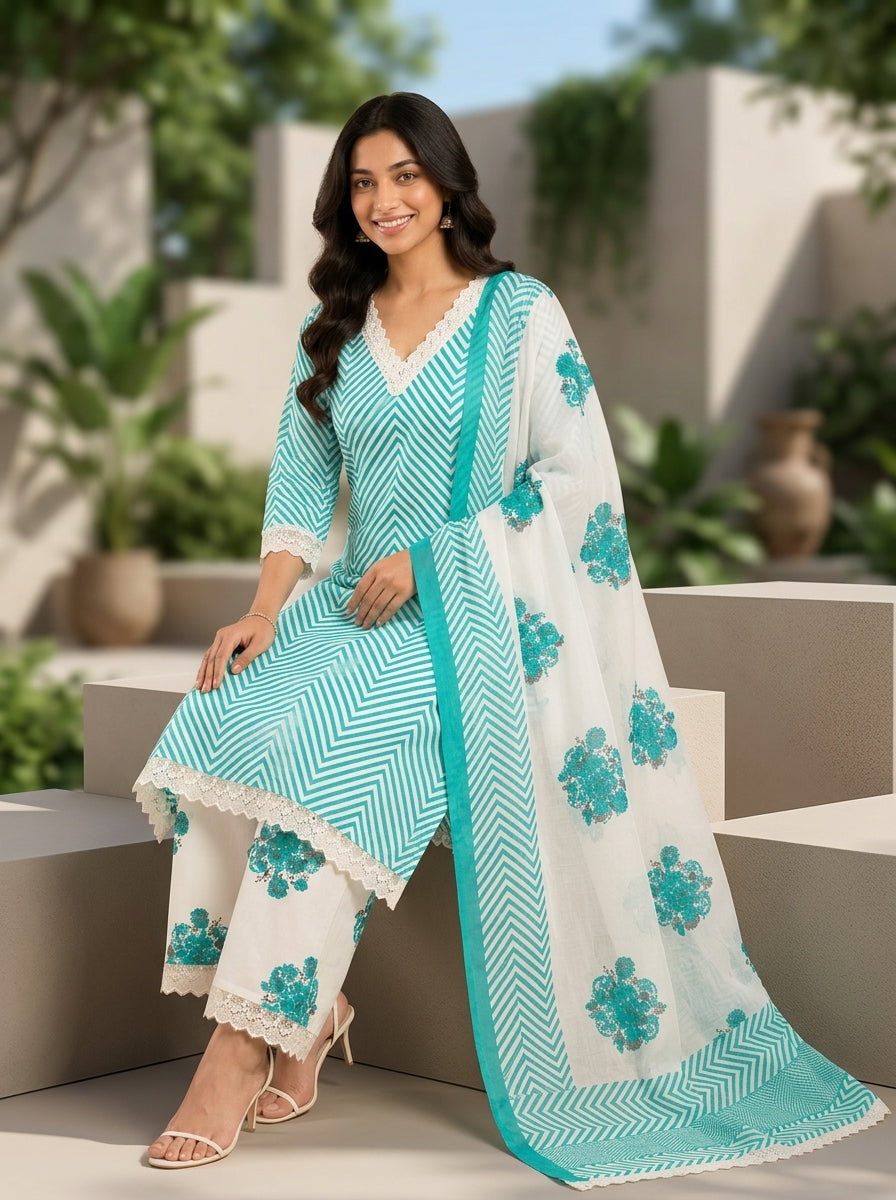 Flora Pink Herringbone Pattern Printed Pure Cotton Salwar Suit Set | Ank