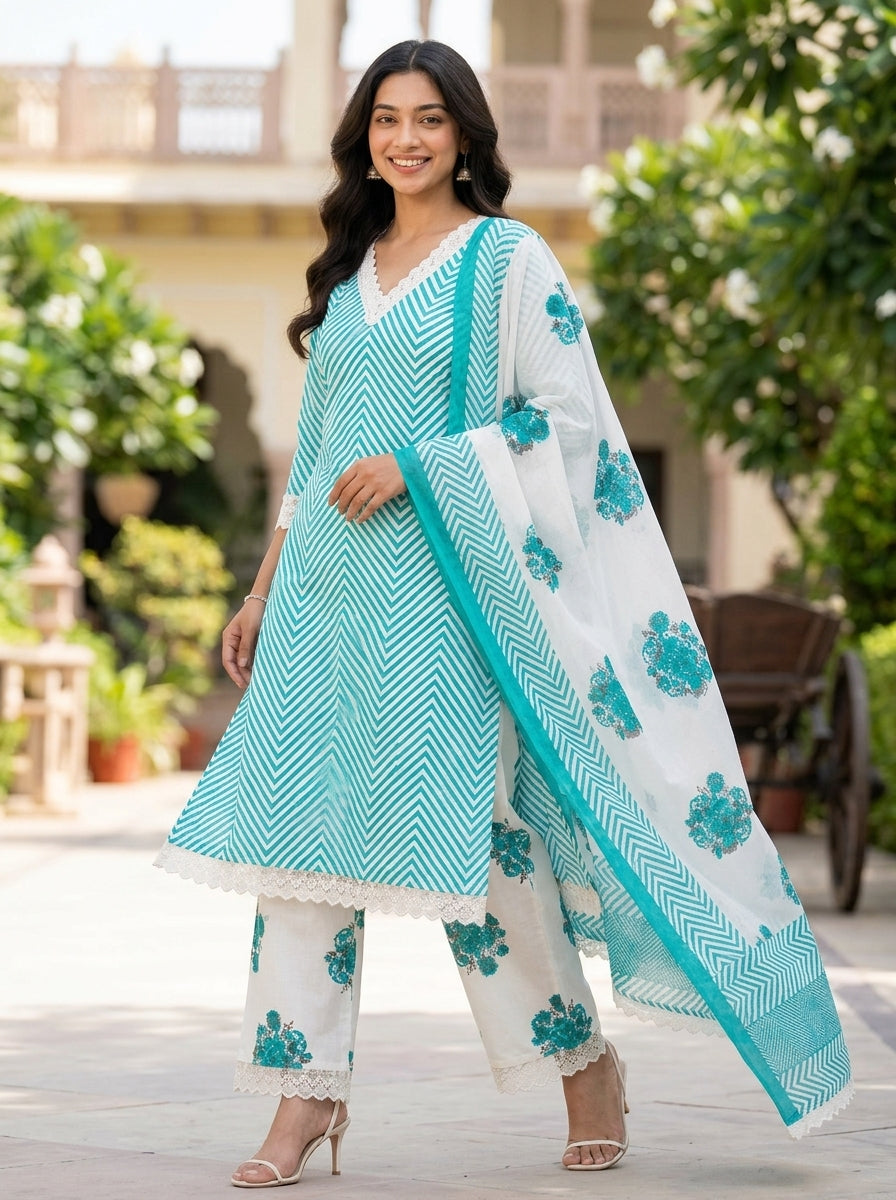 Flora Pink Herringbone Pattern Printed Pure Cotton Salwar Suit Set | Ank