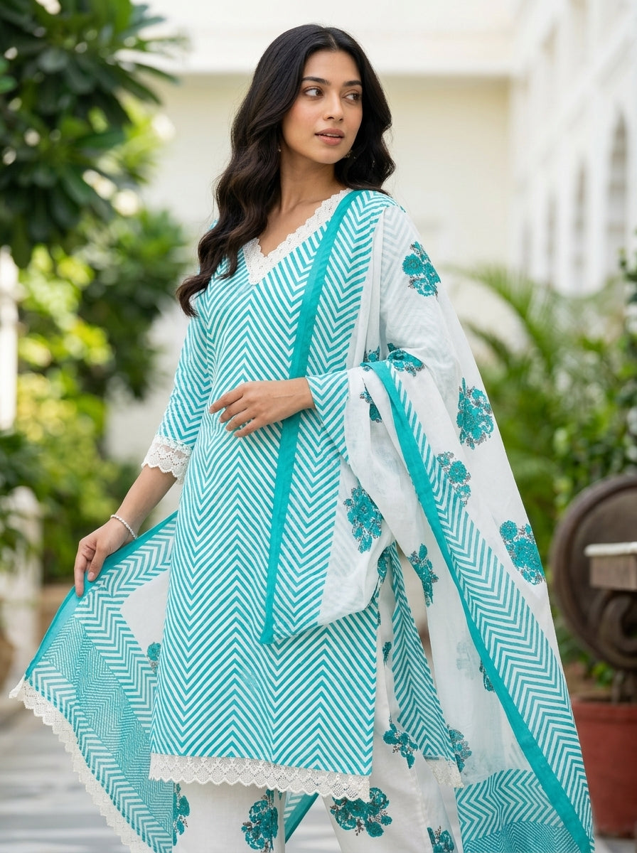 Flora Pink Herringbone Pattern Printed Pure Cotton Salwar Suit Set | Ank