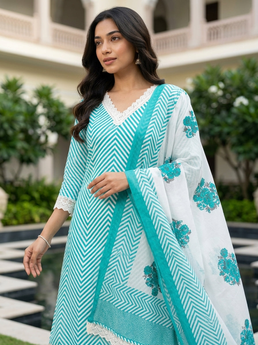 Flora Pink Herringbone Pattern Printed Pure Cotton Salwar Suit Set | Ank
