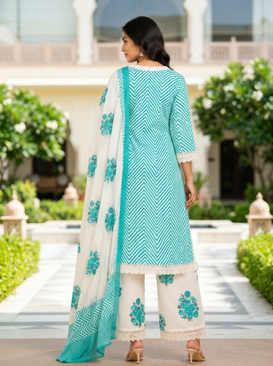 Flora Pink Herringbone Pattern Printed Pure Cotton Salwar Suit Set | Ank