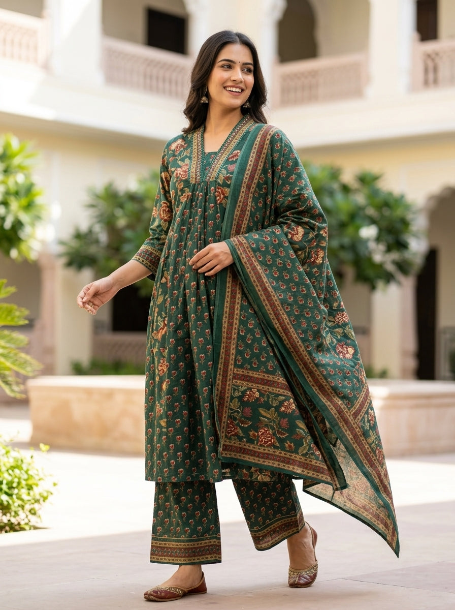 Naina Green Floral Print Five Panel Cotton Salwar Suit Set | Ank