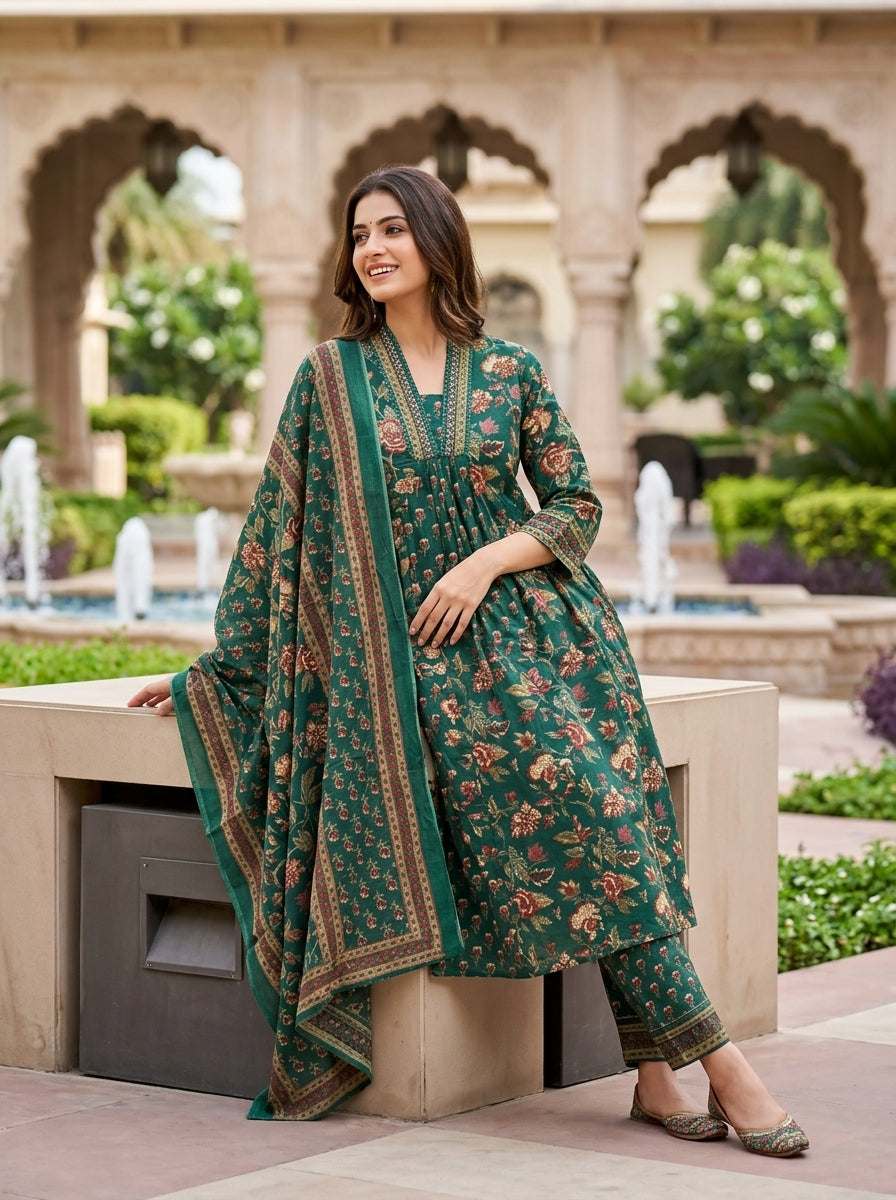 Naina Green Floral Print Five Panel Cotton Salwar Suit Set | Ank