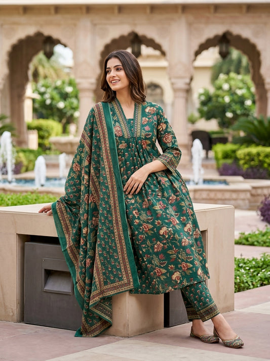 Naina Green Floral Print Five Panel Cotton Salwar Suit Set | Ank