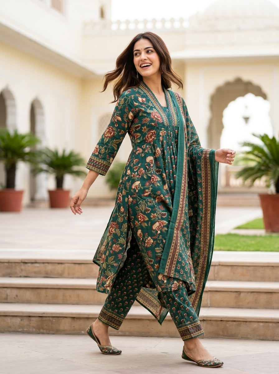 Naina Green Floral Print Five Panel Cotton Salwar Suit Set | Ank
