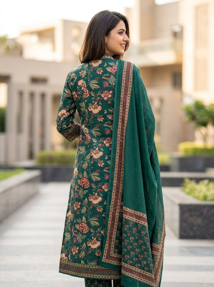 Naina Green Floral Print Five Panel Cotton Salwar Suit Set | Ank