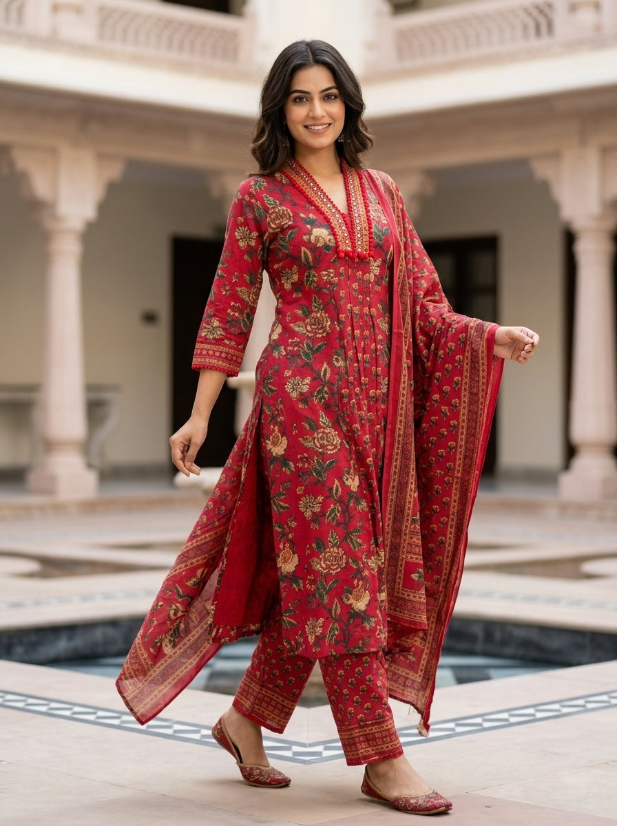 Naina Green Floral Print Five Panel Cotton Salwar Suit Set | Ank