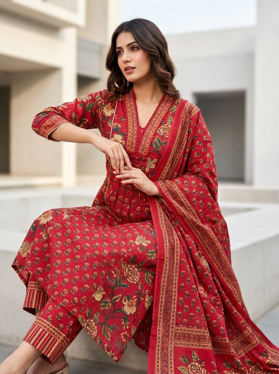 Naina Green Floral Print Five Panel Cotton Salwar Suit Set | Ank