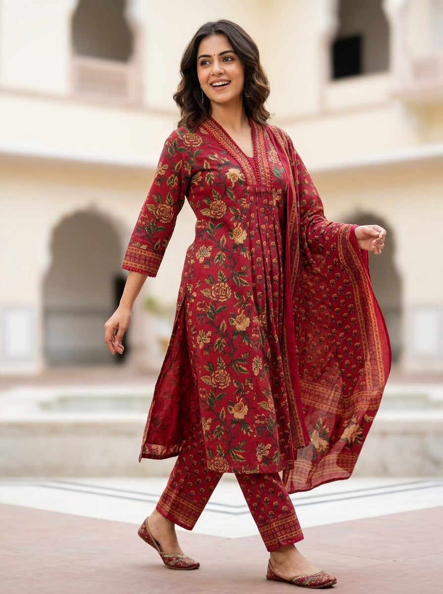 Naina Green Floral Print Five Panel Cotton Salwar Suit Set | Ank