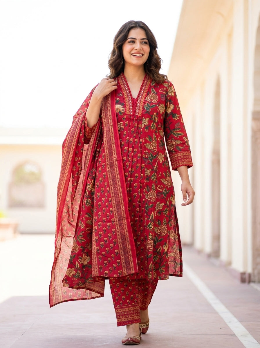 Naina Green Floral Print Five Panel Cotton Salwar Suit Set | Ank