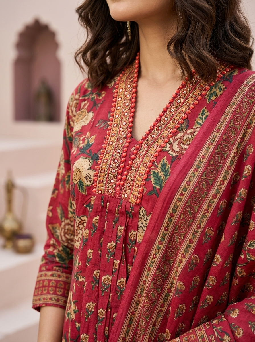 Naina Green Floral Print Five Panel Cotton Salwar Suit Set | Ank