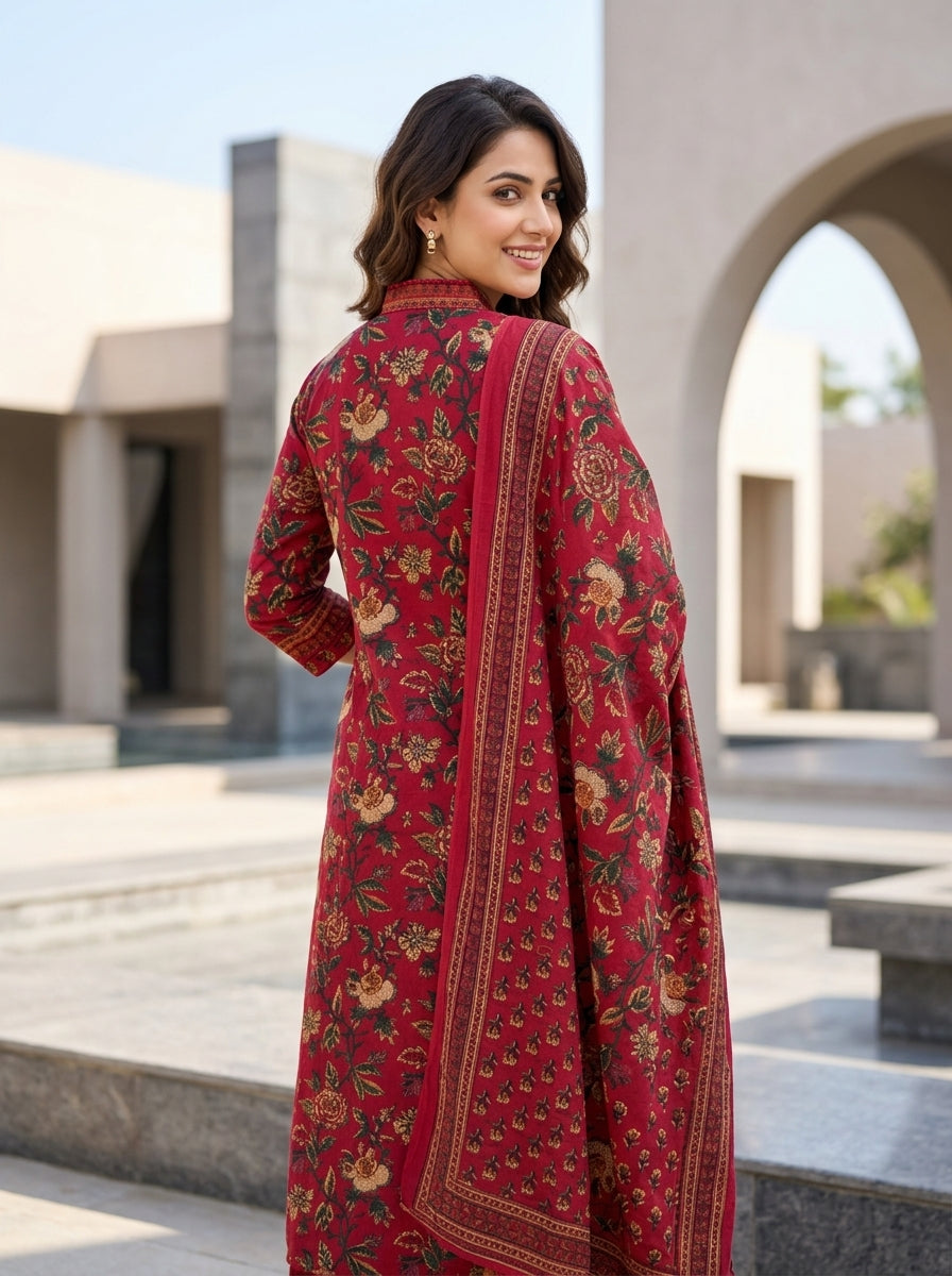 Naina Green Floral Print Five Panel Cotton Salwar Suit Set | Ank